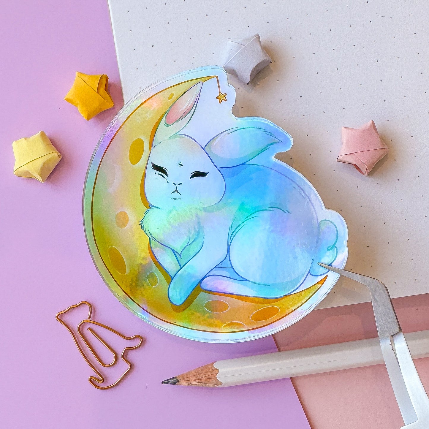 Moon bunny Holographic sticker